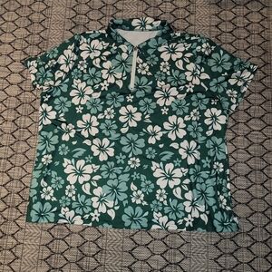 3XL Viracy Women's Green Patterned Short Sleeved Quarter Zip Polo